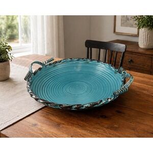 Vintage Teal Metal Tray Round Distressed Farmhouse Coastal Decor